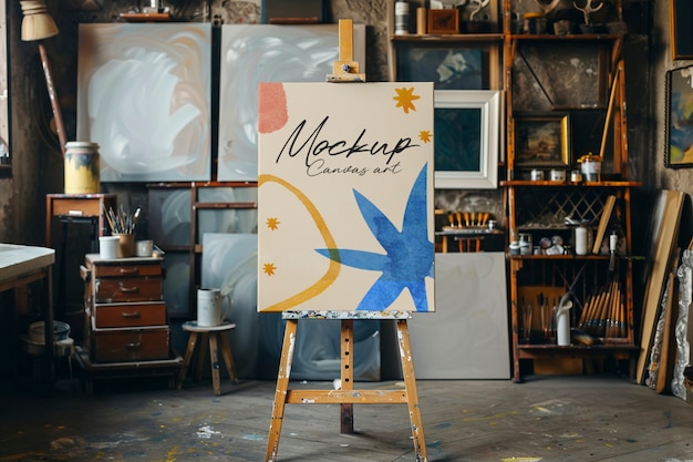 PSD lærred mockup design med kunststudie