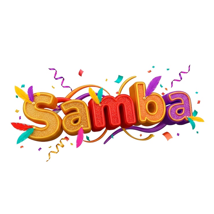 PSD levende 3d samba-tekst med festlig konfetti og fjer