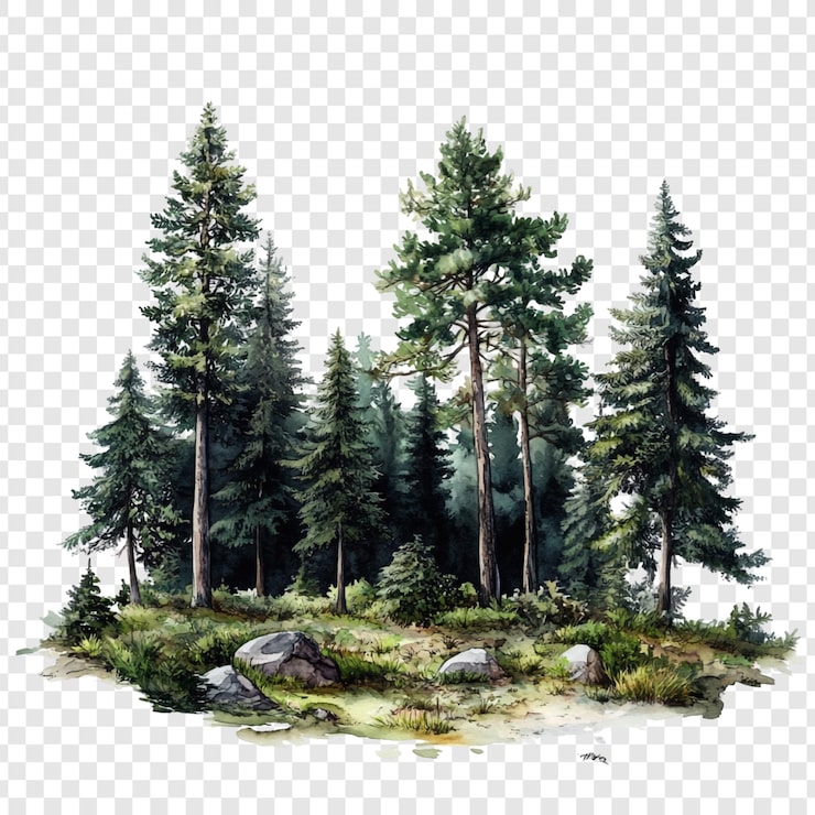 PSD majesteettinen ikivihreä metsä, akvarellimaalaus