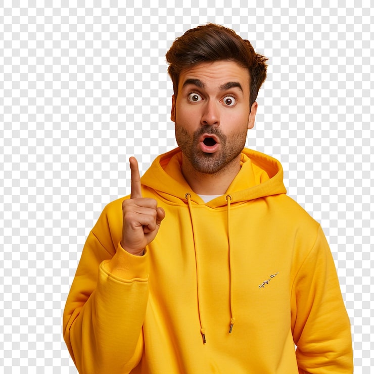 PSD man i gul hoodie som har ett eureka-ögonblick