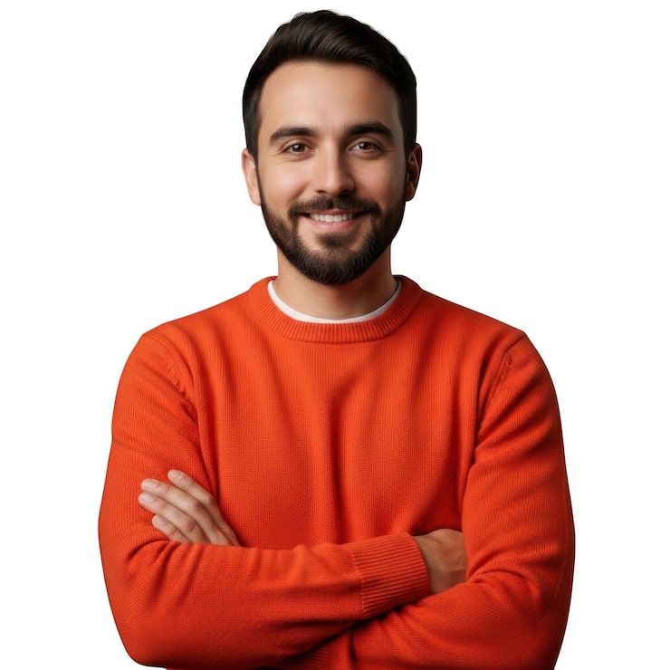 PSD man i orange tröja som ler