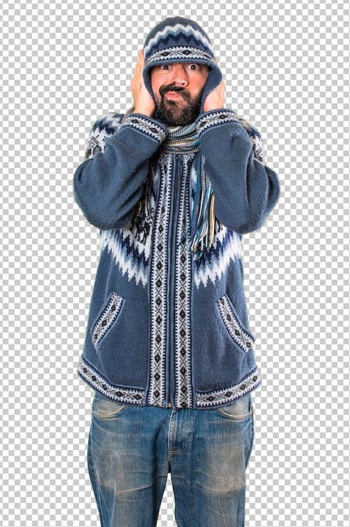 PSD man med vinterkläder som täcker sina öron