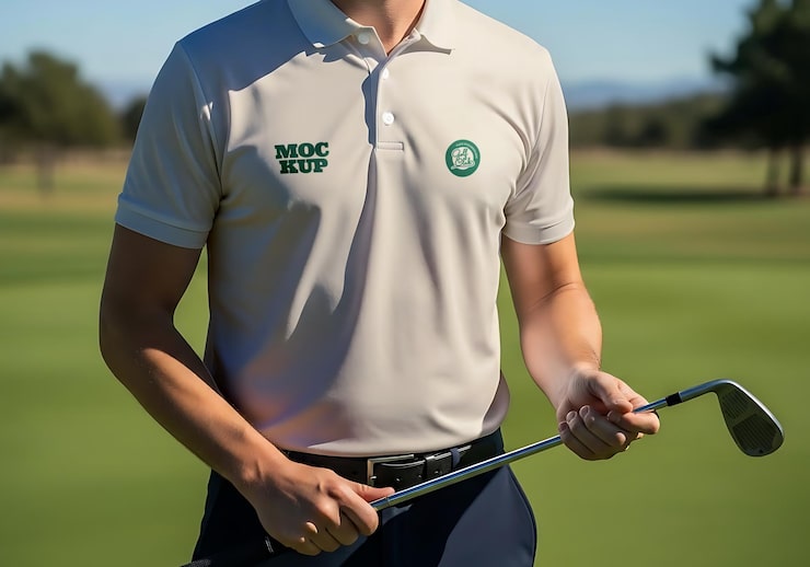 PSD mann i tilpasset poloskjorte holder en golfkølle på en grønn golfbane
