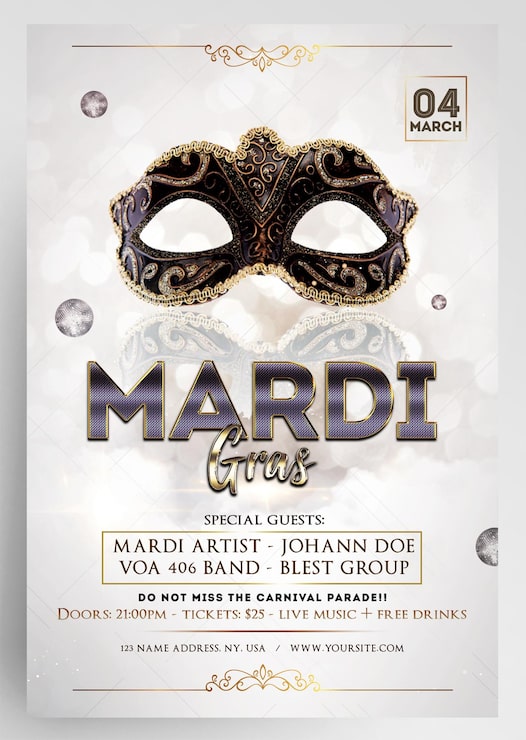 PSD mardi gras elegant party flyer design