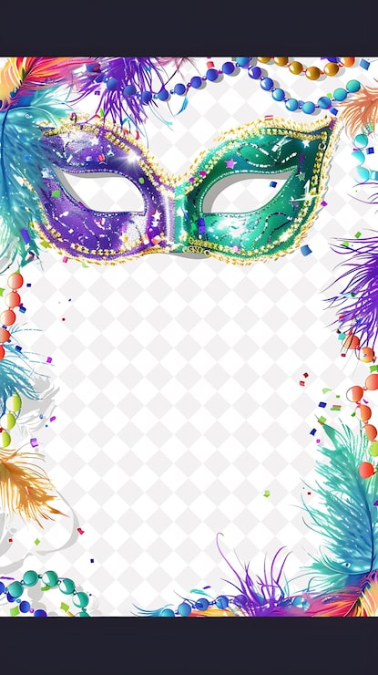 PSD mardi gras mask frame med feather boa string og farverige b png creative background design