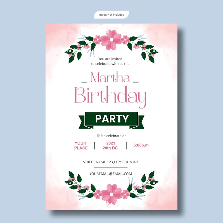 PSD marthas fødselsdagsfest invitation med blomsterudsmykning