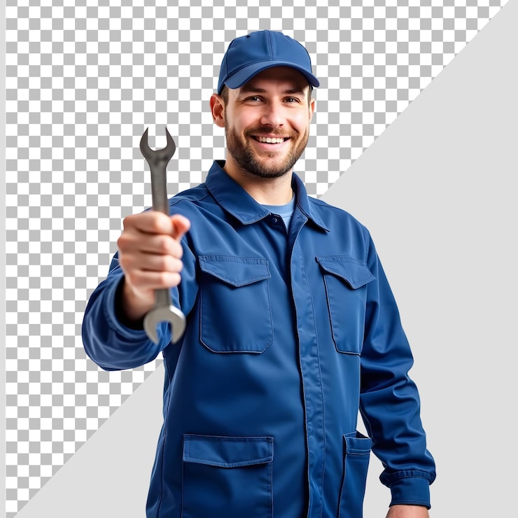PSD mavi üniformalı bir tamirci resmin merkezinde