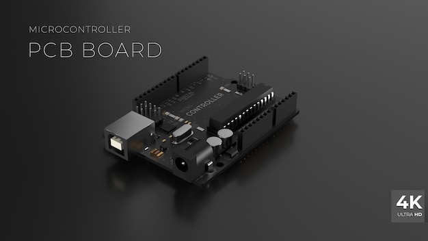 PSD 칩 앰프 ic가 있는 어두운 배경의 마이크로컨트롤러 pcb 보드