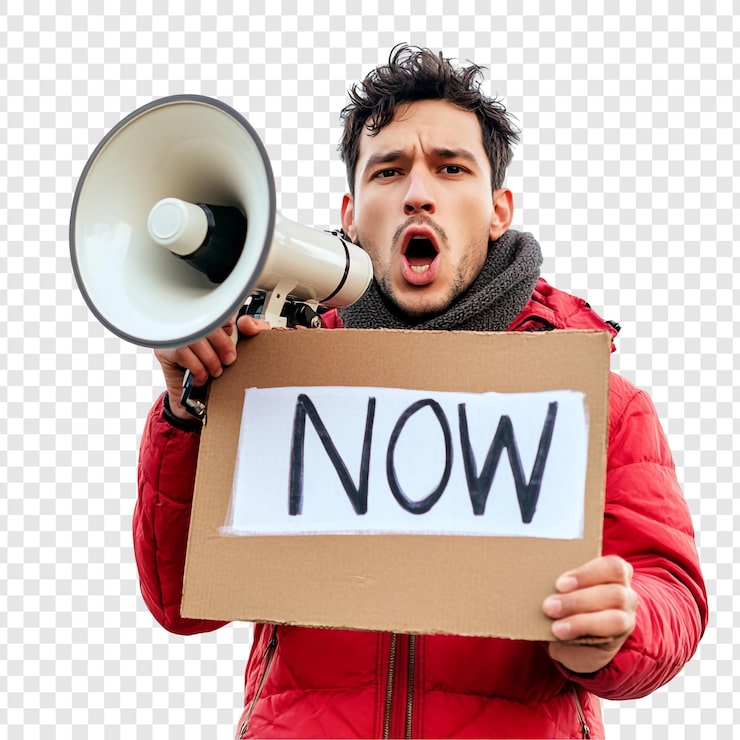 PSD mies protestoi megafonilla ja kyltillä