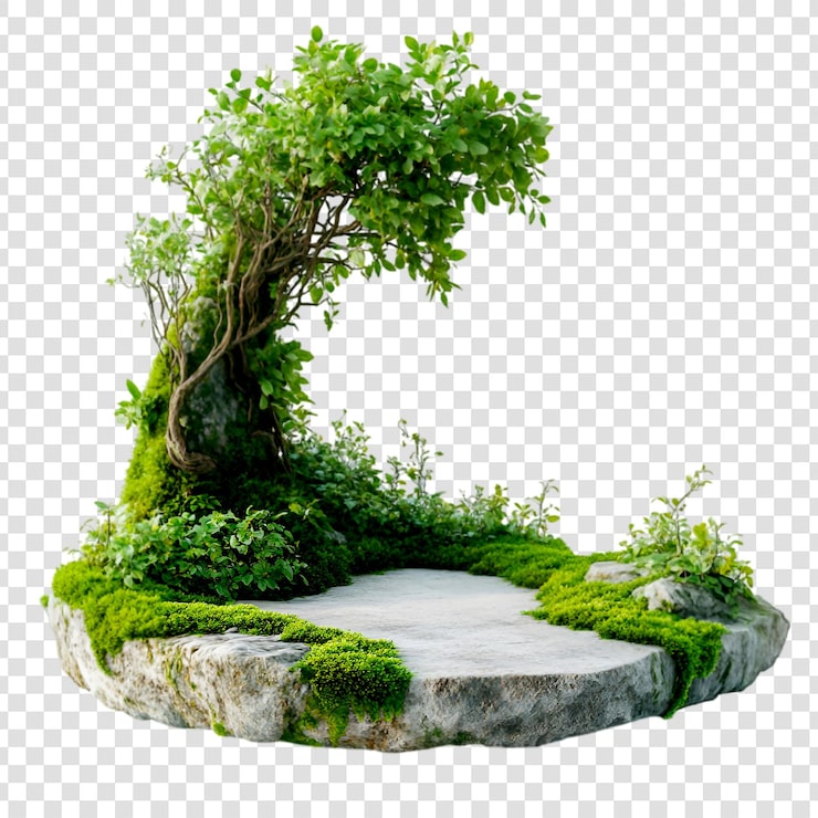 PSD miniatyr steinhagesti scene med grønne planter og mose