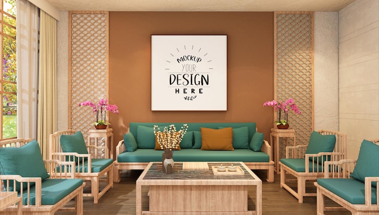 PSD mockup af plakatramme i stue