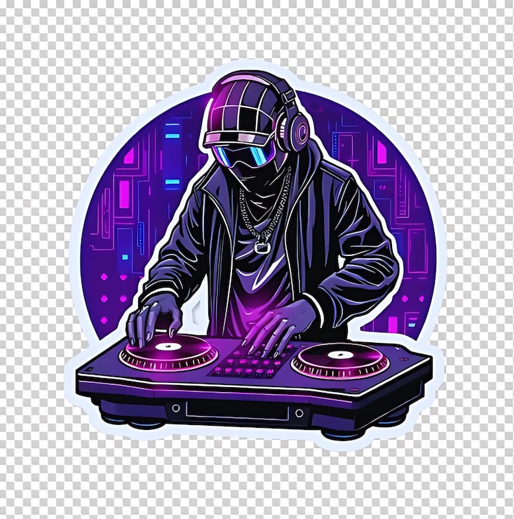 PSD mor arka plana sahip müzik çalan bir dj ve bir dj