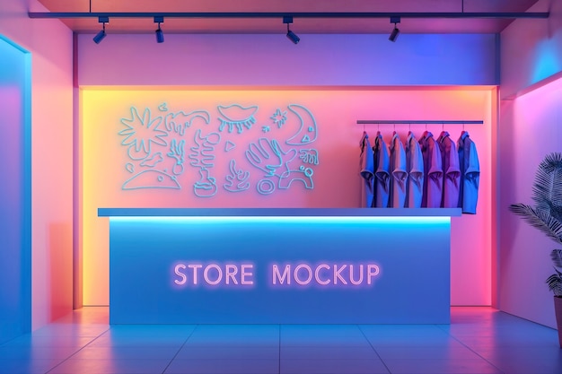PSD neon butikk interiør mockup