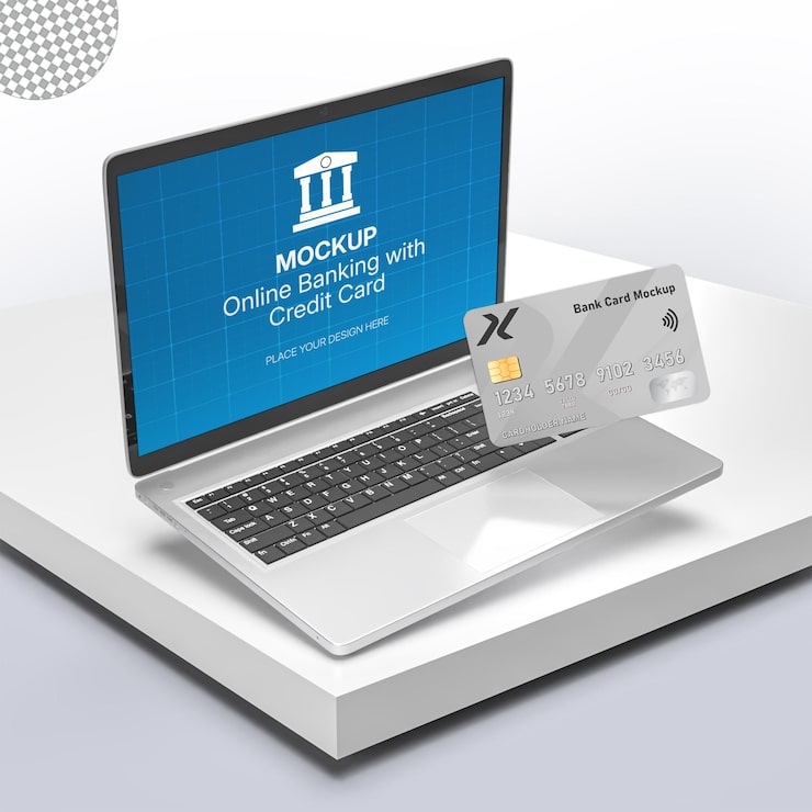 PSD online banking og kreditkort mockup på laptop