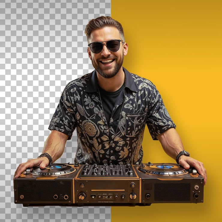 PSD parti müziği miksleyen güneş gözlüklü mutlu dj şeffaf arka plan