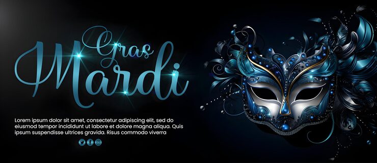 PSD psd mardi gras party banner design med karnevalsmaske blå redigerbar tekst og blå baggrund