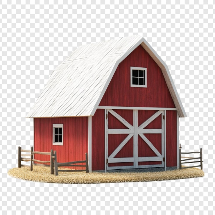 PSD red barn farm rustic rural countryside hay bale fence houten structuur