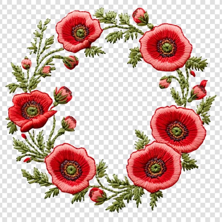PSD rød valmue broderi blomsterkrans design