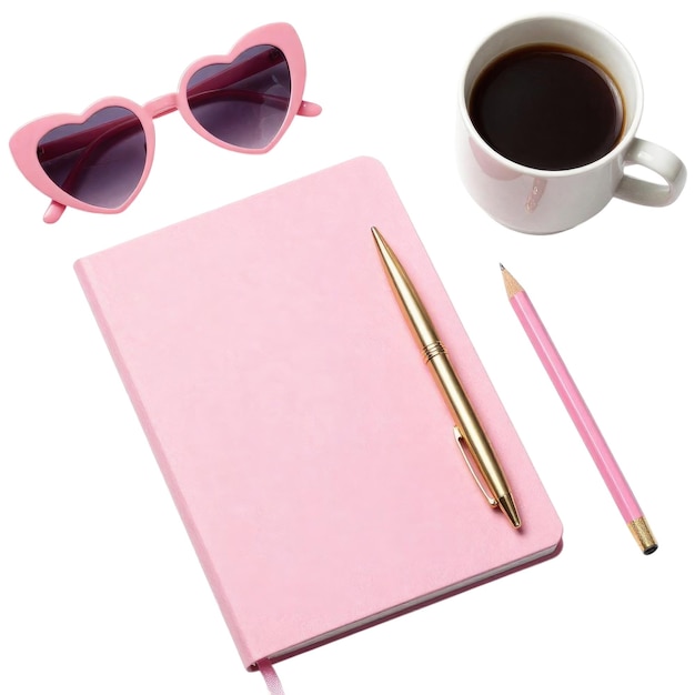 PSD rosa notatbok og kaffe flat lay