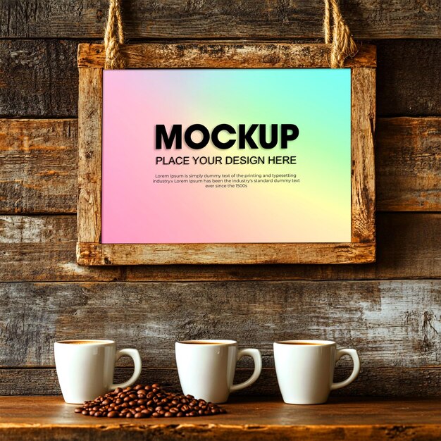 PSD rustik træramme mockup med kaffe