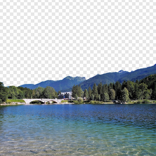 PSD 风景如画的湖畔景色，有山脉和桥梁