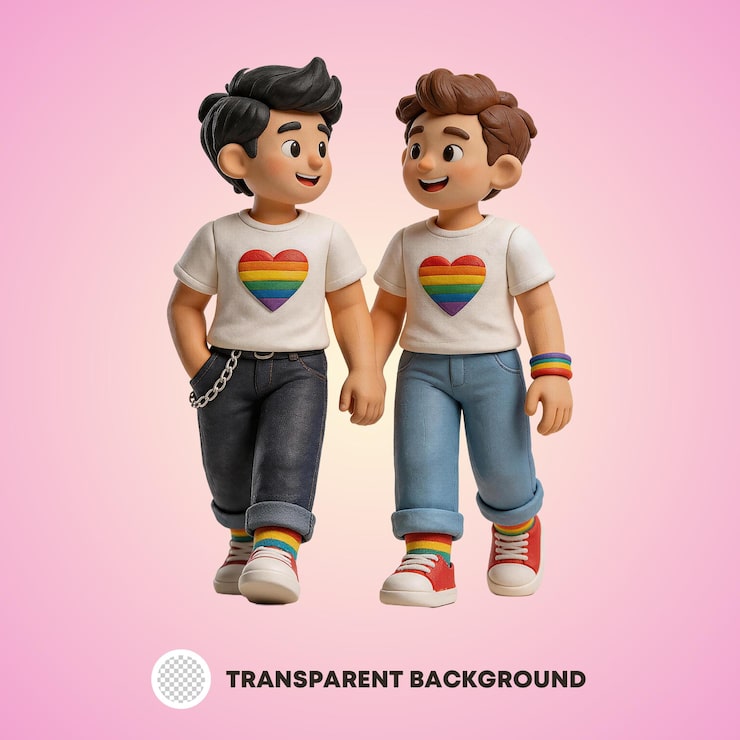 PSD schattig 3d pride-koppel hand in hand met regenboog hart shirts, geïsoleerd op transparante achtergrond