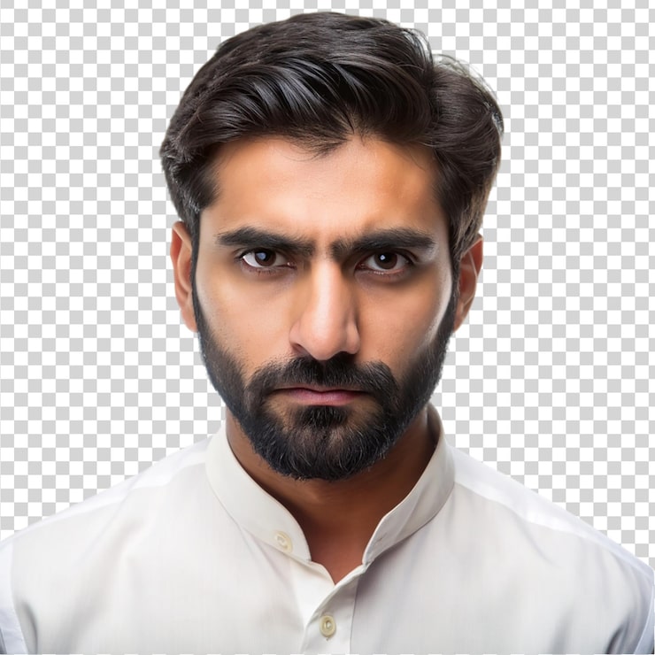 PSD şeffaf arka planda izole edilmiş ciddi görünümlü pakistanlı adam