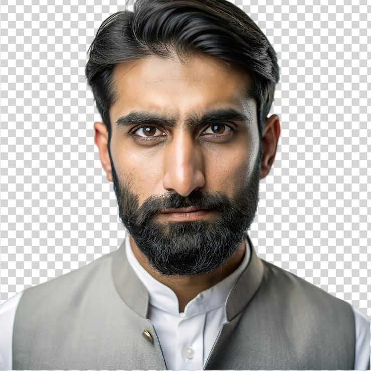PSD şeffaf arka planda izole edilmiş ciddi görünümlü pakistanlı adam