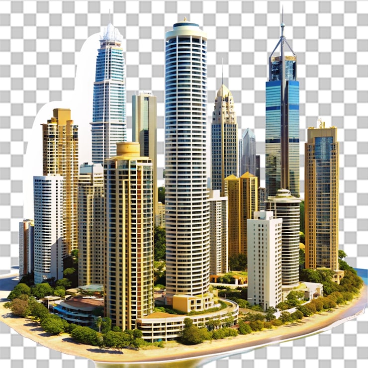 PSD şeffaf arka planda izole edilmiş gold coast queensland avustralya'daki yüksek binalar seti