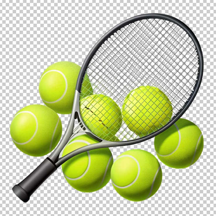 PSD şeffaf arka planda izole edilmiş tenis topları ve raket
