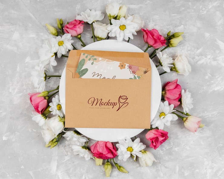 PSD smukt blomsterarrangement med mockup til foråret
