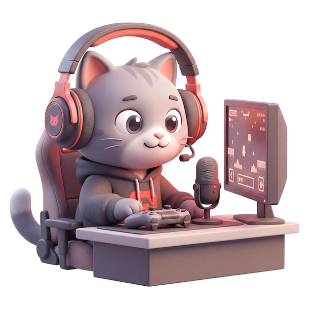 PSD sød katte-gamer streamer med headset og controller