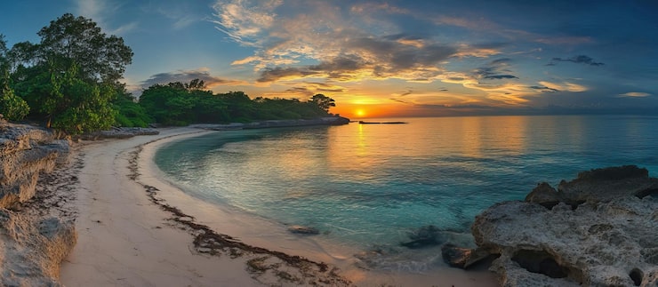 PSD solnedgangspanorama af tropisk strand