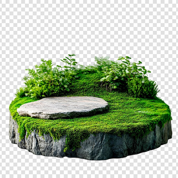 PSD steinplattform mosegrodd overflate grønne planter naturscene