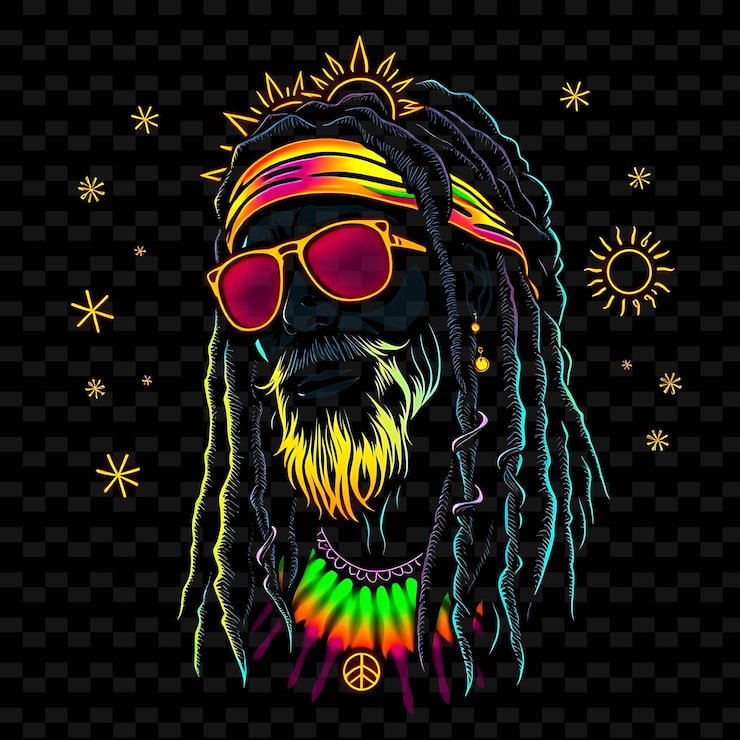 PSD strandraggare med dreadlocks, neon batikkonstdesign med regnbågstema dekorerad med fredssymboler och