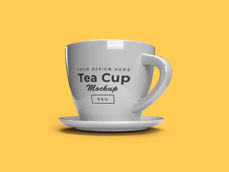 PSD tabak üzerinde çay fincanı 3d mockup tasarımı