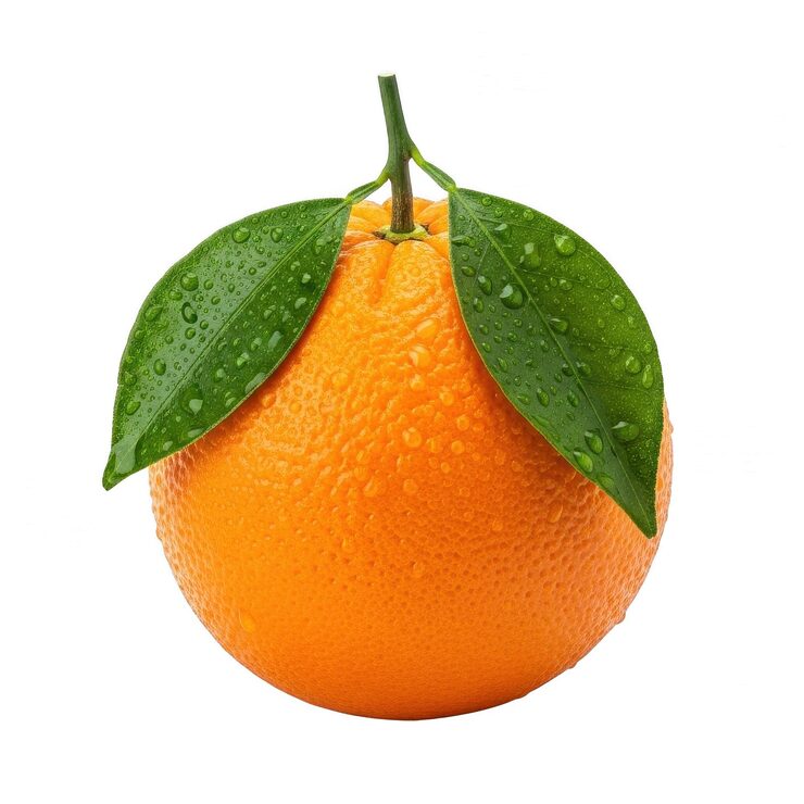 PSD tuore appelsiini vihreillä lehdillä ja vesipisaroilla