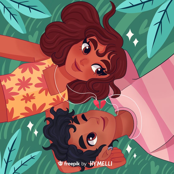 Valentine's day celebration illustration with couple and leaves