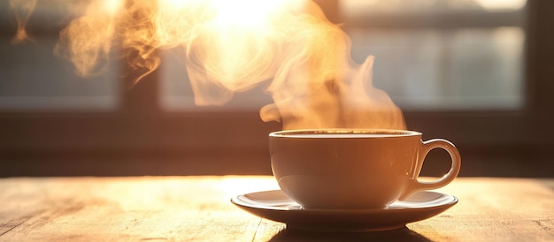 PSD varm morgenkaffe med solfylt damp