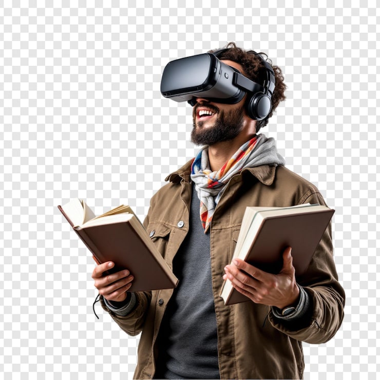 PSD virtual reality uddannelse mand med vr-headset og bog