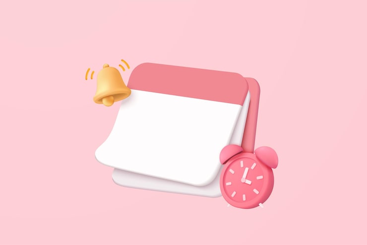 Vector 3d 달력은 분홍색 배경에서 미리 알림 날짜를 표시한 날짜와 시간을 표시합니다. 일정 약속 이벤트 일 휴일 계획 개념에 대한 시계가 있는 달력 3d 알람 시계 아이콘 벡터 렌더링 그림