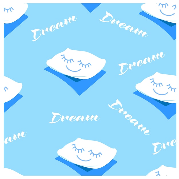 Vector 夢、夢、夢という言葉が書かれた睡眠用枕のパターンを持つ青色の背景。