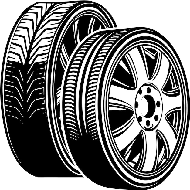 Car Tire and Rim Illustration in Black and White
