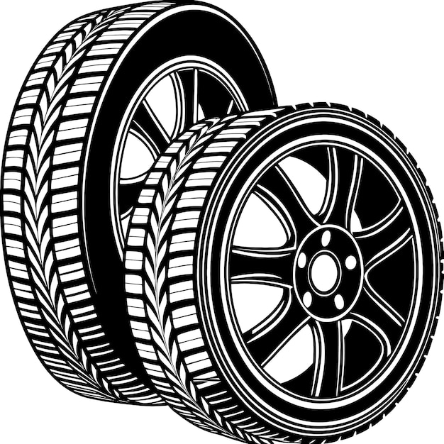 Car Tire and Rim Illustration in Black and White