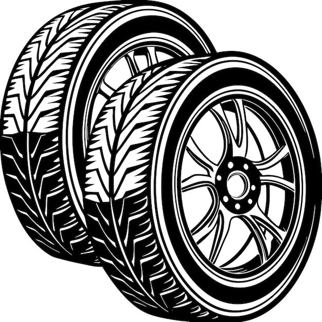 Car Tire and Rim Illustration in Black and White