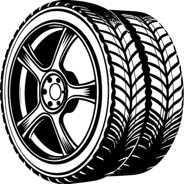 Car Tire and Rim Illustration in Black and White