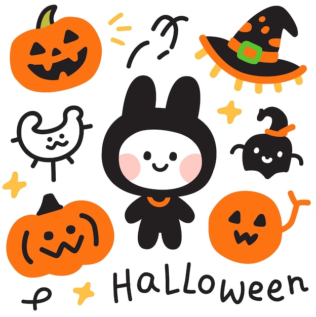 Vector 호박, 마녀 모자, 친근한 캐릭터가 있는 귀여운 할로윈 일러스트