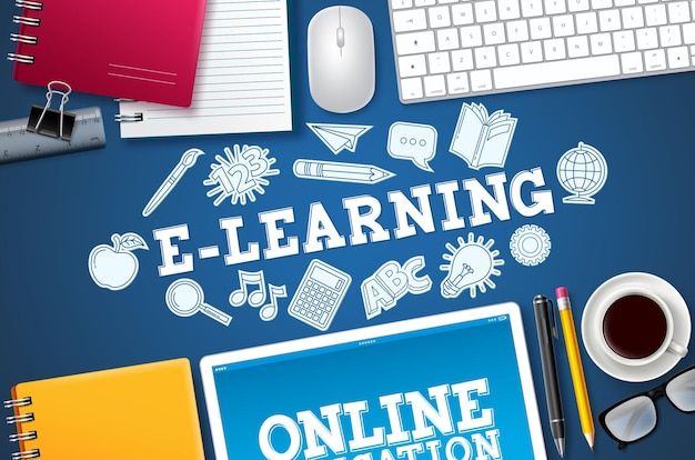 Vector elearning online school vectorbanner elearning tekst met computerelementen
