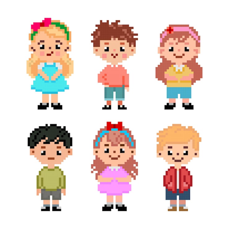 Gepixelde kinderen, diverse groep schattige kinderen