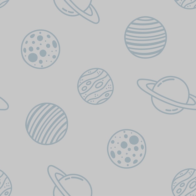 Vector 灰色无缝图案，带有涂鸦星球